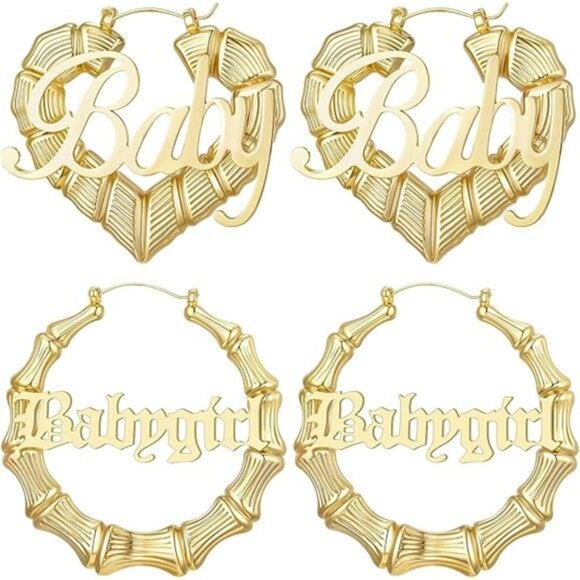 Gold Bamboo Hoop Earrings for Women Large Heart Door Knocker 90s Hip Hop Jewelry - Picture 8 of 8